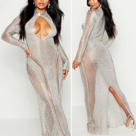Boohoo Annie Metallic Knit Split Front Maxi Dress - Picture 2 of 5